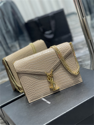 Y.S.L CASSANDRA CHAIN BAG IN CROCODILE EMBOSSED LEATHER Gold Tone Metal Beige Color