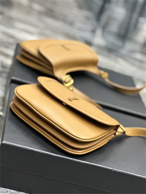 Y.S.L CHARLIE MEDIUM SHOULDER BAG Brown Smooth Leather Gold Tone Metal