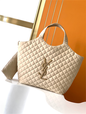 Y.S.L ICARE MAXI SHOPPING BAG IN QUILTED LAMBSKIN Beige Color Gold Tone Metal