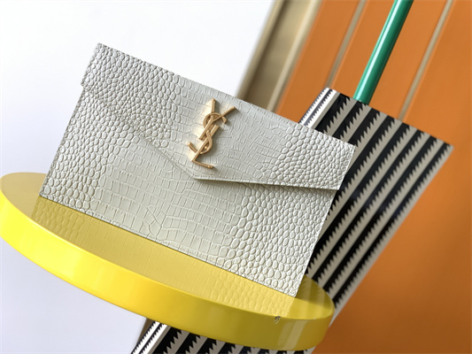 Y.S.L UPTOWN POUCH IN CROCODILE EMBOSSED LEATHER White Color Gold Tone Metal