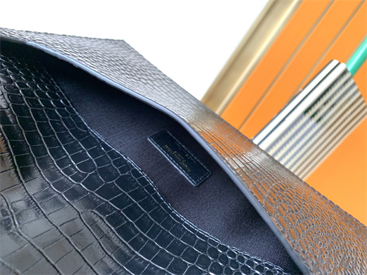 Y.S.L UPTOWN POUCH IN CROCODILE EMBOSSED LEATHER Black Color Gold Tone Metal