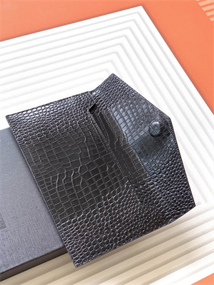 Y.S.L UPTOWN POUCH IN CROCODILE EMBOSSED LEATHER Black Color Silver Tone Metal