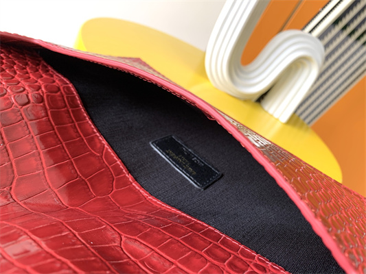 Y.S.L UPTOWN POUCH IN CROCODILE EMBOSSED LEATHER Red Color Gold Tone Metal
