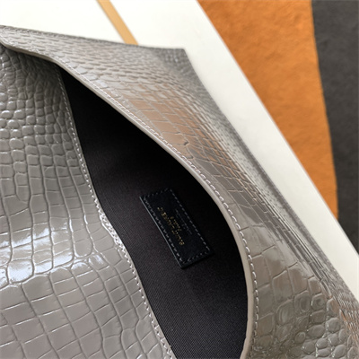 Y.S.L UPTOWN POUCH IN CROCODILE EMBOSSED LEATHER Grey Color Gold Tone Metal