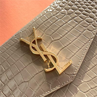 Y.S.L UPTOWN POUCH IN CROCODILE EMBOSSED LEATHER Beige Color Gold Tone Metal