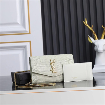 Y.S.L UPTOWN CHAIN WALLET IN CROCODILE EMBOSSED LEATHER White Color Gold Tone Metal