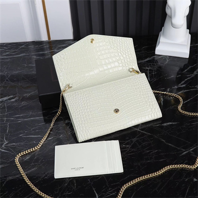 Y.S.L UPTOWN CHAIN WALLET IN CROCODILE EMBOSSED LEATHER White Color Gold Tone Metal
