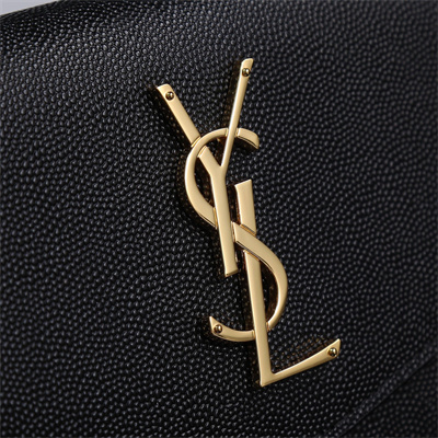 Y.S.L UPTOWN CHAIN WALLET IN GRAIN DE POUDRE EMBOSSED LEATHER Black Color Gold Tone Metal