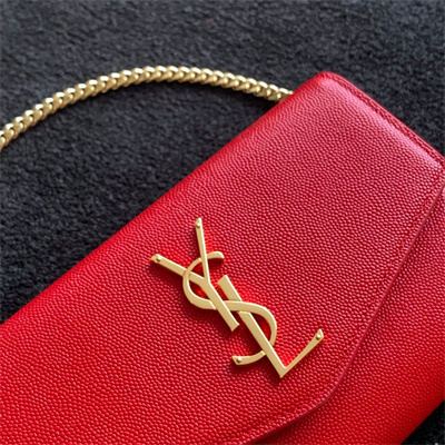 Y.S.L UPTOWN CHAIN WALLET IN GRAIN DE POUDRE EMBOSSED LEATHER Red Color Gold Tone Metal