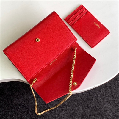 Y.S.L UPTOWN CHAIN WALLET IN GRAIN DE POUDRE EMBOSSED LEATHER Red Color Gold Tone Metal