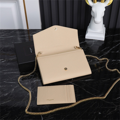 Y.S.L UPTOWN CHAIN WALLET IN GRAIN DE POUDRE EMBOSSED LEATHER Beige Color Gold Tone Metal