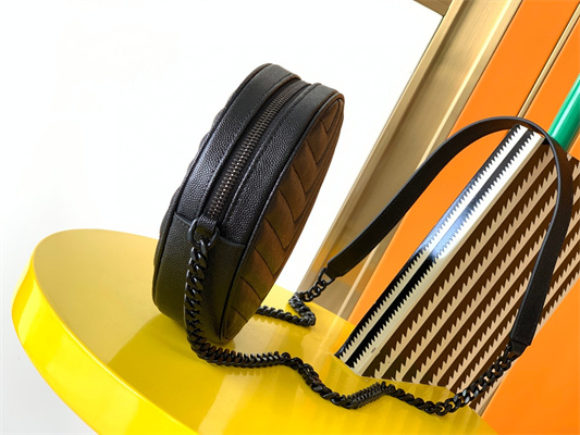 Y.S.L VINYLE ROUND CAMERA BAG IN Black Chevron Quilted Grain De Poudre Embossed Leather Black Tone Metal