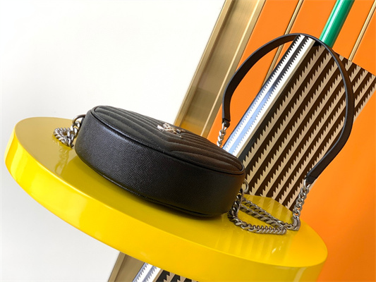 Y.S.L VINYLE ROUND CAMERA BAG IN Black Chevron Quilted Grain De Poudre Embossed Leather Silver Tone Metal