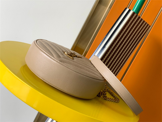 Y.S.L VINYLE ROUND CAMERA BAG IN Beige Chevron Quilted Grain De Poudre Embossed Leather Gold Tone Metal