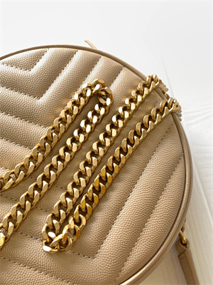 Y.S.L VINYLE ROUND CAMERA BAG IN Beige Chevron Quilted Grain De Poudre Embossed Leather Gold Tone Metal