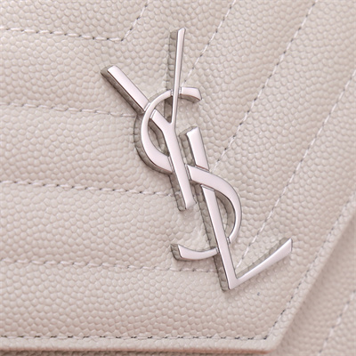 Y.S.L CASSANDRA ENVELOPE CHAIN WALLET IN GRAIN DEPOUDRE LEATHER White Color Silver Tone Metal