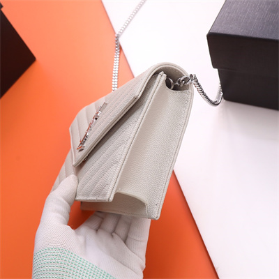 Y.S.L CASSANDRA ENVELOPE CHAIN WALLET IN GRAIN DEPOUDRE LEATHER White Color Silver Tone Metal