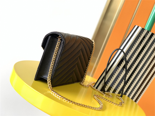 Y.S.L CASSANDRA ENVELOPE CHAIN WALLET IN GRAIN DEPOUDRE LEATHER Black Color Gold Tone Metal