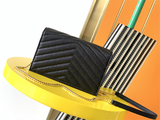 Y.S.L CASSANDRA ENVELOPE CHAIN WALLET IN GRAIN DEPOUDRE LEATHER Black Color Gold Tone Metal