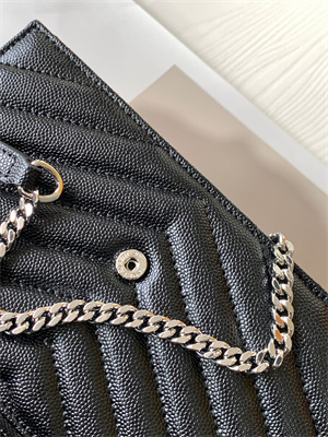 Y.S.L CASSANDRA ENVELOPE CHAIN WALLET IN GRAIN DEPOUDRE LEATHER Black Color Silver Tone Metal