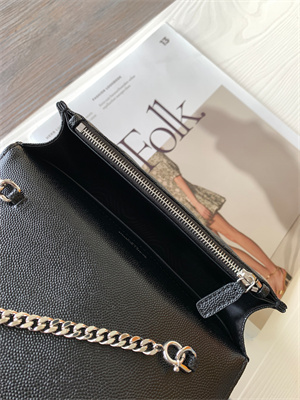 Y.S.L CASSANDRA ENVELOPE CHAIN WALLET IN GRAIN DEPOUDRE LEATHER Black Color Silver Tone Metal