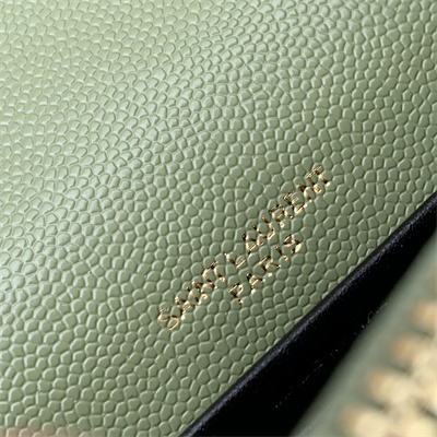 Y.S.L CASSANDRA ENVELOPE CHAIN WALLET IN GRAIN DEPOUDRE LEATHER Lt Green Color Gold Tone Metal