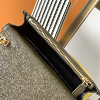 Y.S.L CASSANDRA ENVELOPE CHAIN WALLET IN GRAIN DEPOUDRE LEATHER Dk Green Color Gold Tone Metal