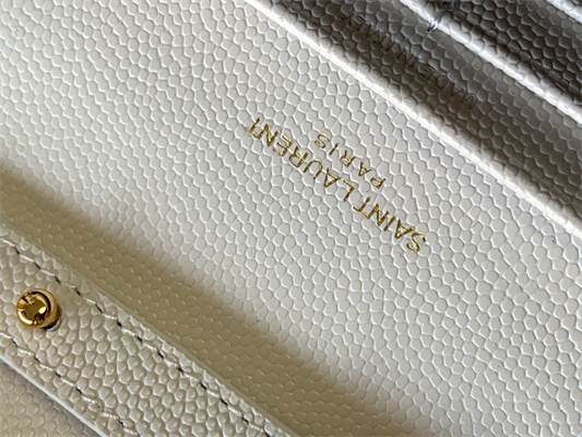 Y.S.L CLASSIC CASSANDRA CHAIN WALLET IN GRAIN DEPOUDRE LEATHER White Color Gold Tone Metal