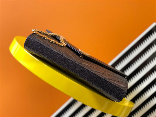 Y.S.L CLASSIC CASSANDRA CHAIN WALLET IN GRAIN DEPOUDRE LEATHER Black Color Gold Tone Metal