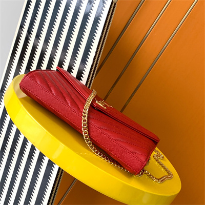 Y.S.L CLASSIC CASSANDRA CHAIN WALLET IN GRAIN DEPOUDRE LEATHER Red Color Gold Tone Metal