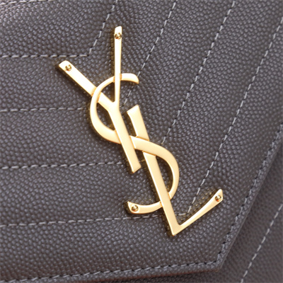 Y.S.L CLASSIC CASSANDRA CHAIN WALLET IN GRAIN DEPOUDRE LEATHER Grey Color Gold Tone Metal