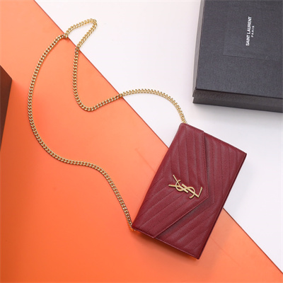 Y.S.L CLASSIC CASSANDRA CHAIN WALLET IN GRAIN DEPOUDRE LEATHER Burgundy Color Gold Tone Metal
