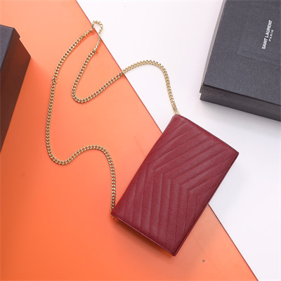Y.S.L CLASSIC CASSANDRA CHAIN WALLET IN GRAIN DEPOUDRE LEATHER Burgundy Color Gold Tone Metal