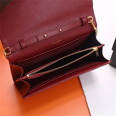 Y.S.L CLASSIC CASSANDRA CHAIN WALLET IN GRAIN DEPOUDRE LEATHER Burgundy Color Gold Tone Metal