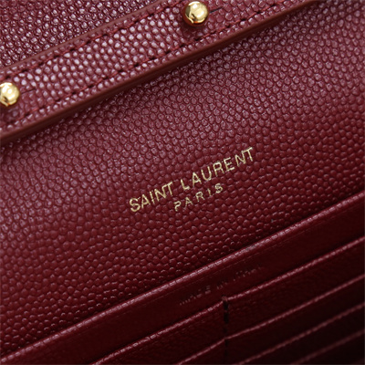 Y.S.L CLASSIC CASSANDRA CHAIN WALLET IN GRAIN DEPOUDRE LEATHER Burgundy Color Gold Tone Metal