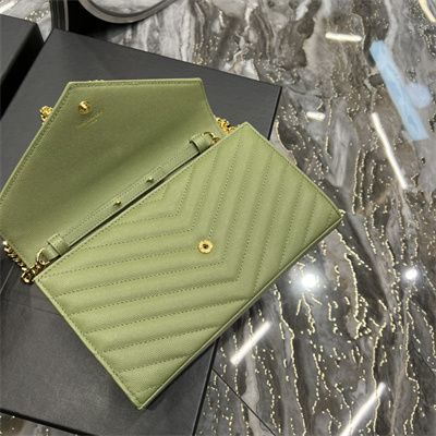 Y.S.L CLASSIC CASSANDRA CHAIN WALLET IN GRAIN DEPOUDRE LEATHER Lt Green Color Gold Tone Metal