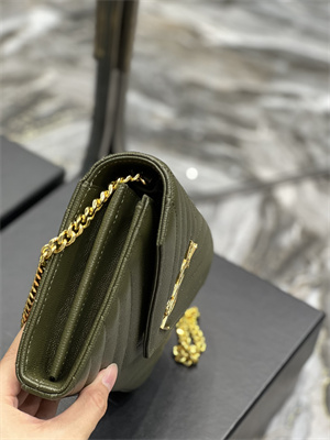 Y.S.L CLASSIC CASSANDRA CHAIN WALLET IN GRAIN DEPOUDRE LEATHER Dk Green Color Gold Tone Metal