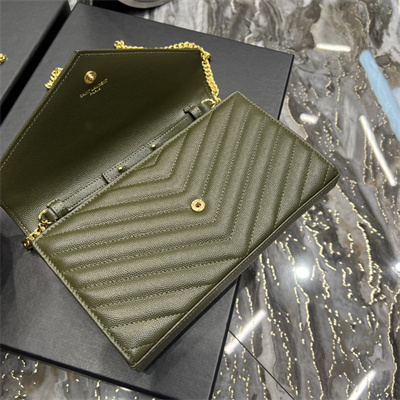 Y.S.L CLASSIC CASSANDRA CHAIN WALLET IN GRAIN DEPOUDRE LEATHER Dk Green Color Gold Tone Metal