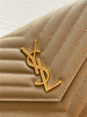 Y.S.L CLASSIC CASSANDRA CHAIN WALLET IN GRAIN DEPOUDRE LEATHER Beige Color Gold Tone Metal