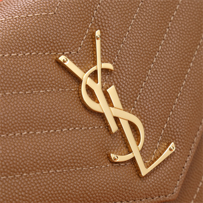 Y.S.L CLASSIC CASSANDRA CHAIN WALLET IN GRAIN DEPOUDRE LEATHER Brown Color Gold Tone Metal