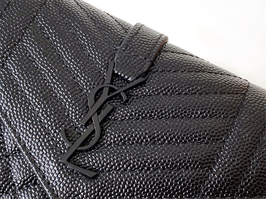 Y.S.L SMALL ENVELOPE WALLET IN MIX MATELASS?? GRAIN DE POUDRE EMBOSSED LEATHER Black Color Black Tone Metal