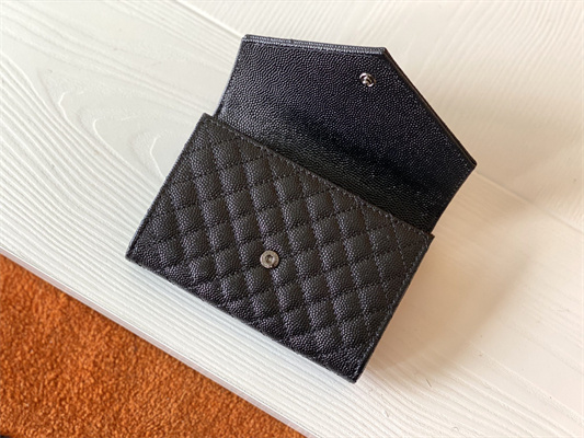 Y.S.L SMALL ENVELOPE WALLET IN MIX MATELASS?? GRAIN DE POUDRE EMBOSSED LEATHER Black Color Black Tone Metal