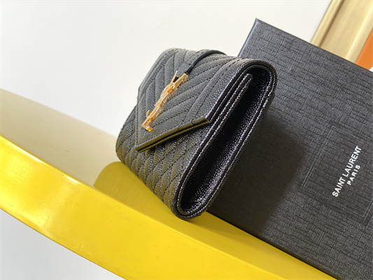 Y.S.L SMALL ENVELOPE WALLET IN MIX MATELASS?? GRAIN DE POUDRE EMBOSSED LEATHER Black Color Gold Tone Metal