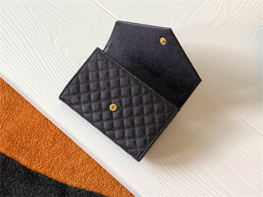 Y.S.L SMALL ENVELOPE WALLET IN MIX MATELASS?? GRAIN DE POUDRE EMBOSSED LEATHER Black Color Gold Tone Metal