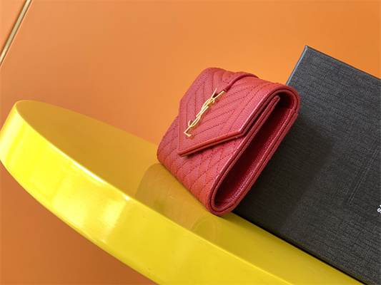 Y.S.L SMALL ENVELOPE WALLET IN MIX MATELASS?? GRAIN DE POUDRE EMBOSSED LEATHER Red Color Gold Tone Metal
