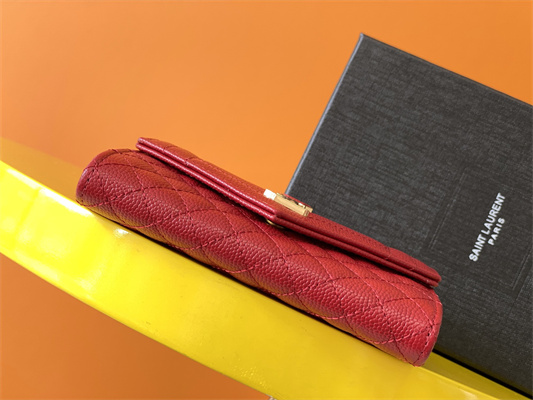 Y.S.L SMALL ENVELOPE WALLET IN MIX MATELASS?? GRAIN DE POUDRE EMBOSSED LEATHER Red Color Gold Tone Metal