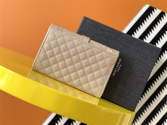 Y.S.L SMALL ENVELOPE WALLET IN MIX MATELASS?? GRAIN DE POUDRE EMBOSSED LEATHER Beige Color Gold Tone Metal