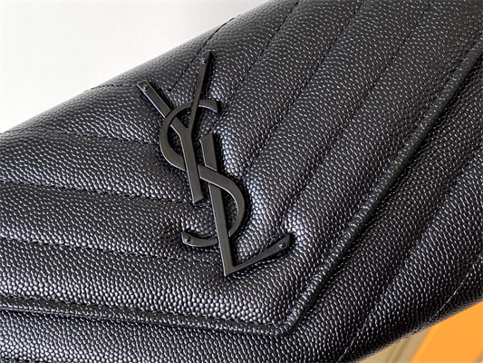 Y.S.L CASSANDRA MATELASS?? LARGE FLAP WALLET IN GRAIN DE POUDRE EMBOSSED LEATHER Black Color Black Tone Metal