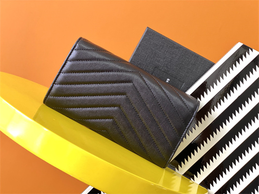 Y.S.L CASSANDRA MATELASS?? LARGE FLAP WALLET IN GRAIN DE POUDRE EMBOSSED LEATHER Black Color Gold Tone Metal