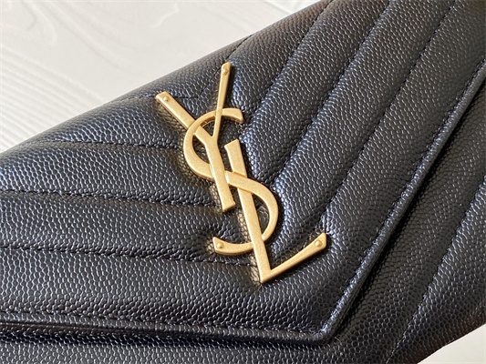 Y.S.L CASSANDRA MATELASS?? LARGE FLAP WALLET IN GRAIN DE POUDRE EMBOSSED LEATHER Black Color Gold Tone Metal